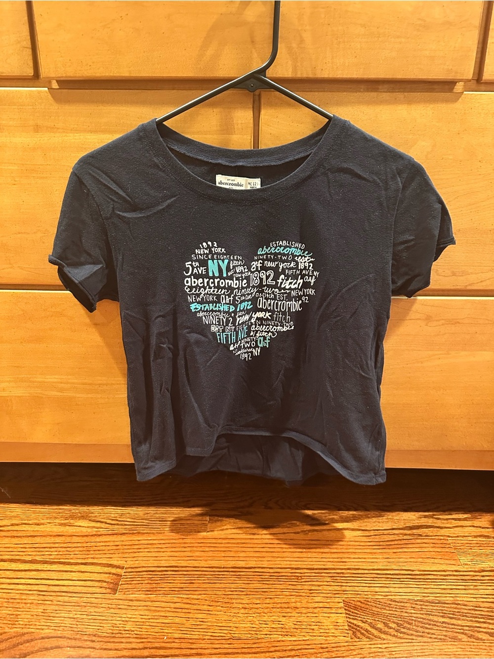 abercrombie kids Navy Tee with White & Light Blue Heart Text Print